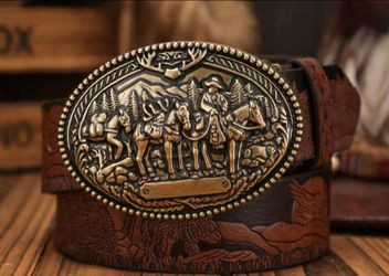 New western pack horse cowboy belt buckle and PU belt