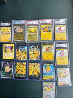 Pikachu Collection Pokémon Cards. All 10/10 $600 or closer offer. Trade PS5 Slim Or Z1 extreme or Z2 or Iphone max pro
