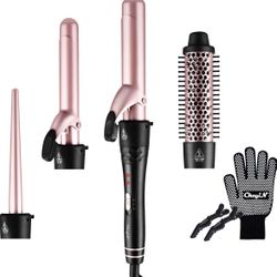 CkeyiN 4 in 1 Curling Wand Set, Curling Iron with Curling Brush and 3 Interchangeable Ceramic Curling Wand 0.35-1.25 inch for All Hairstyle, Instant H