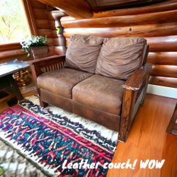 Brown Leather Loveseat Wood Panel Arms 