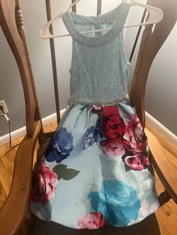 Light Teal With Flowers Girls Dress