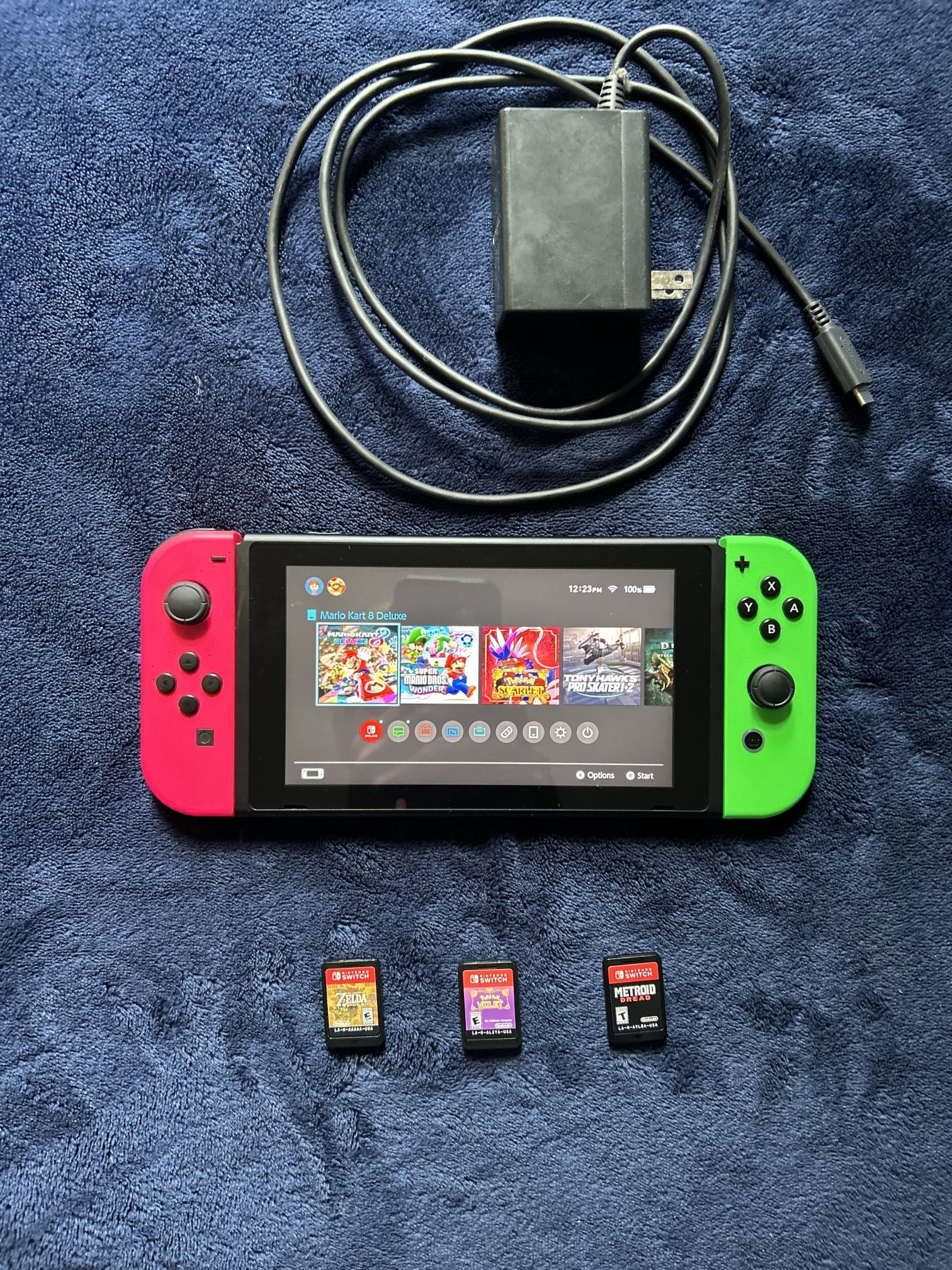 Nintendo Switch With 3 Games, Charger, And Dock.