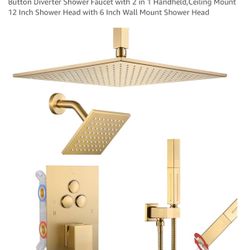 Shower Faucet Set Brushed Gold Shower System,Push Button Diverter Shower Faucet with 2 in 1 Handheld,Ceiling Mount 12 Inch Shower Head with 6 Inch