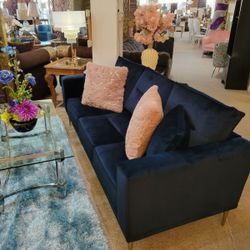 Navy Blue Gold Sofa Velvet Modern
