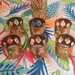Christmas 22 KT Gold 7 Piece Set Vintage Culver’s VALENCIA Gold Green Bar Drinking Glasses Set of 6 Glasses with Mixing Pitcher. See our other great v