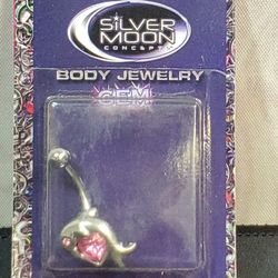 @CHV.  SILVER MOON BODY JEWELRY BELLY BUTTON NAVEL RING DOLPHINS WITH STONE HEART 