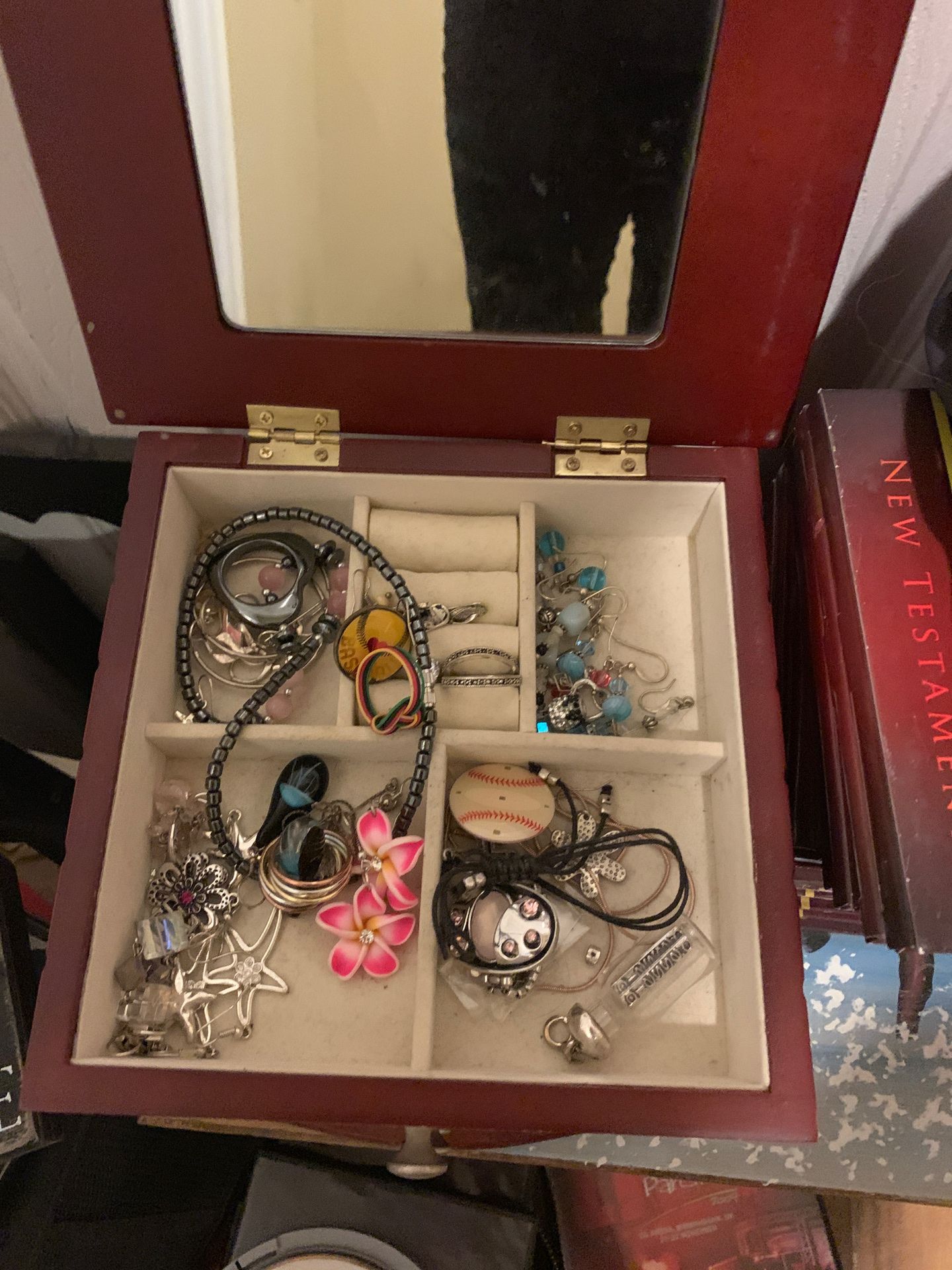 Jewelry Box. 2 drawers and open up top w Misc jewelry