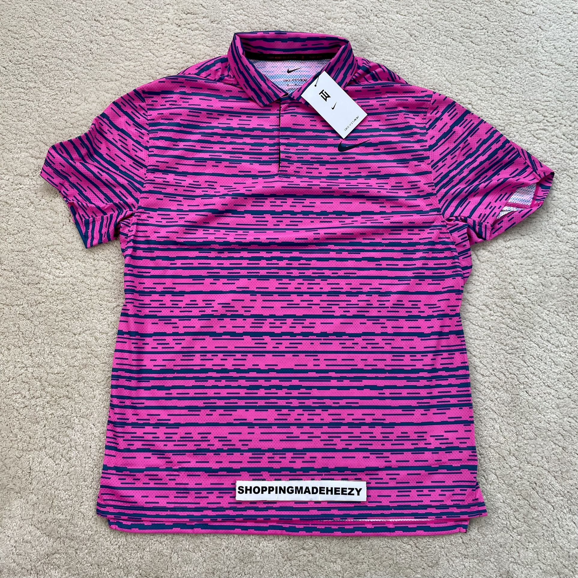 [S] NIKE TIGER WOODS COLLECTION TW DRI-FIT ADV Golf Polo Shirt Pink Blue Striped