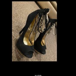 EUC like NEW Shï Journeys Black Suede Open Toe Slip On High Heels Stiletto 10