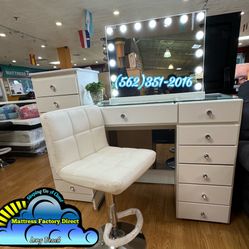 White Led Vanity Desk With Lights and Stool Blue Tooth Speaker 