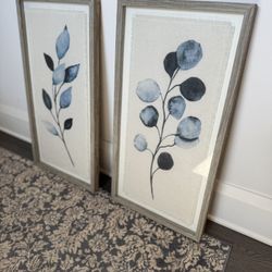 Two Framed Art - Blue Floral On Linen In Shadow box Frame 