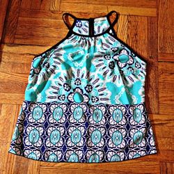 Olive Tree Printed Aqua Halter Top, Women's Size S