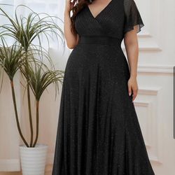 Plus Size V Neck Ribbon Waist Formal Evening Dress With Sleeves.(Never worn)