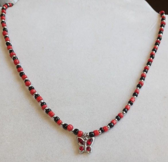 Red & Black Beaded Garnet Rhinestone Butterfly Necklace With Silver Accents