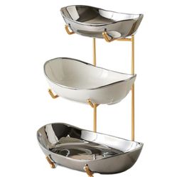 HOMKULA Fruit Bowl For Kitchen Counter - 3 Tier Ceramic Serving Bowls With Metal Stand, Tiered Fruit Basket For Fruit Vegetable Storage, Small & Cute 