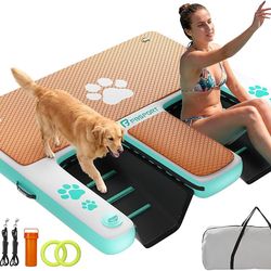 FBSPORT Inflatable Dog Water Ramp with Double Ladders, 62"x59" Non-Slip EVA Covered Floating Ladder Dog Boat Ramp for Pets and Adults - 400 lbs Capaci