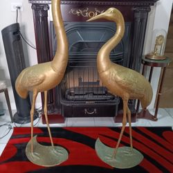 Huge Vintage Brass Crane Pair – 50" & 45" Tall – Hollywood Regency Heron Sculptures
