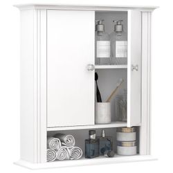 White Bathroom Wall Cabinet, Over the Toilet Storage Cabinet, Bathroom Cabinet Wall Mount, 2 Doors & Hooks, Medicine Cabinet Organizer, Hanging Wall C