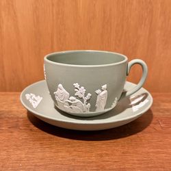 Wedgwood - Cream Color on Celadon Jasperware Cup & Saucer Set - England