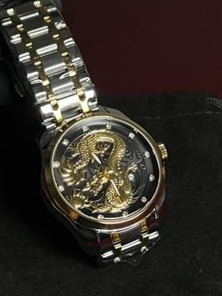 Mens Business Watch Chinese Dragon Relief Dial Stainless Steel Strap Quartz Wristwatch Waterproof