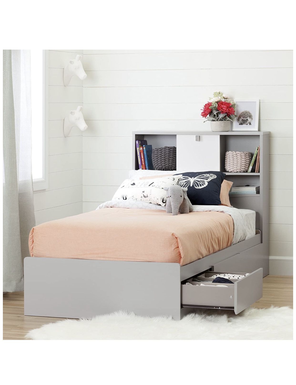 Twin Bed with 3 Drawers and bookcase headboard Soft Gray