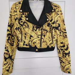 Fashion nova sz M print bomber jacket with black leather accents