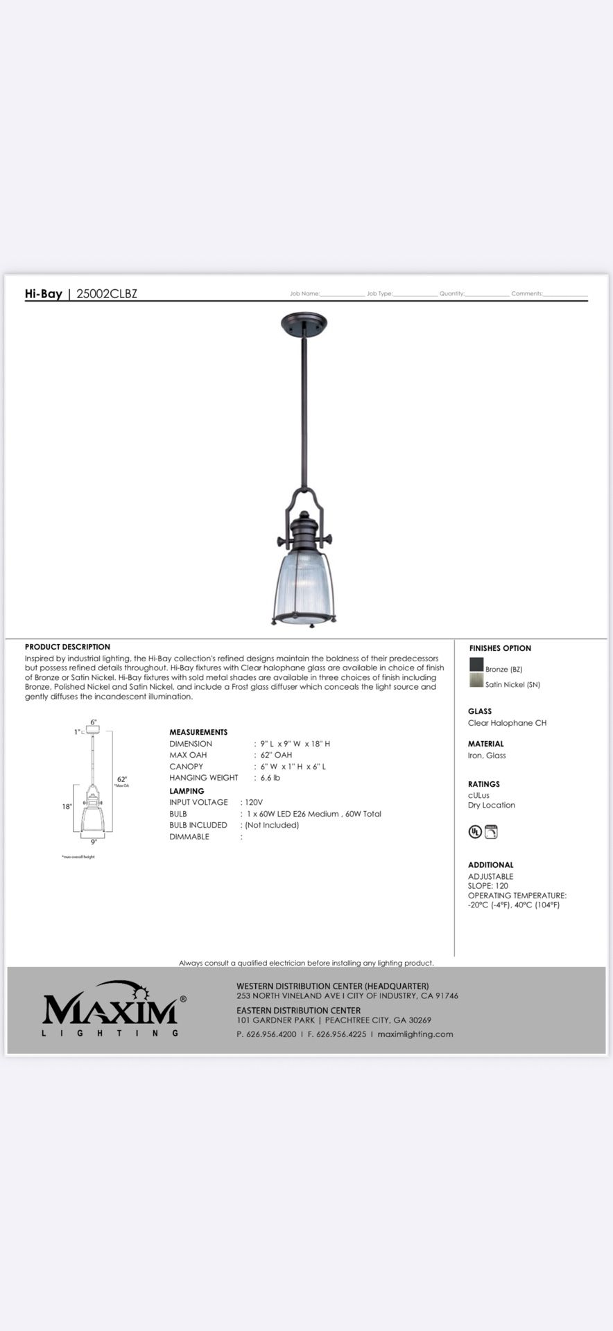 Bronze Hanging Pendant Light