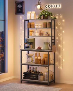 Coffee Bar, 31.5 Inches 6-Tier Baker's Rack with 6 Hooks Modern Basic Microwave Stand, 31.5 x 15.7 x 65.7 Inches, Heather Greige and Matte Black, BARN