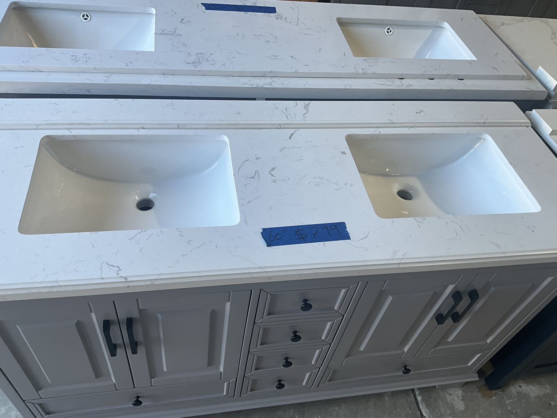 60” Bathroom Vanity in grey , double sink soft close solid wood with vanity top in white $799 Luke’s liquidations warehouse Address: 2434 N Forsyth