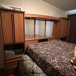 Queen size - headboard mirror wall unit with overhead lights and storage