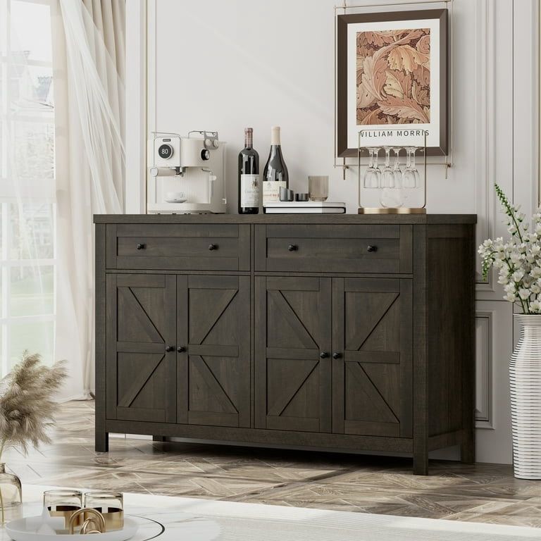Farmhouse Cabinet with Adjustable Shelf, 4-Doors 2-Drawers Kitchen Buffet Cabinet Wood Sideboard for Dining Room Living Room, Dark Brown