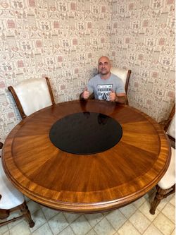 Solid wood round table with solid granite lazy Susan! 4 microfiber-suede armchairs! CAN DELIVER!