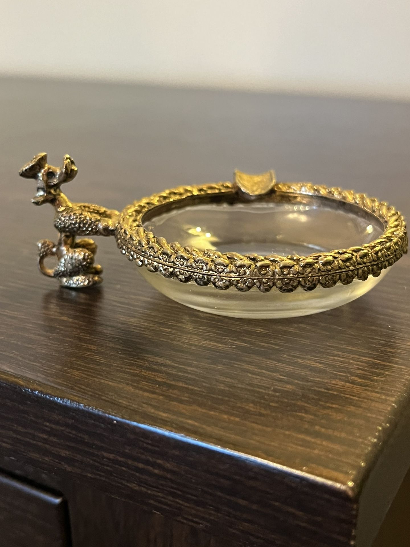 Vintage Hollywood Regency MCM Glass Silver Metal Poodle Ash Tray 