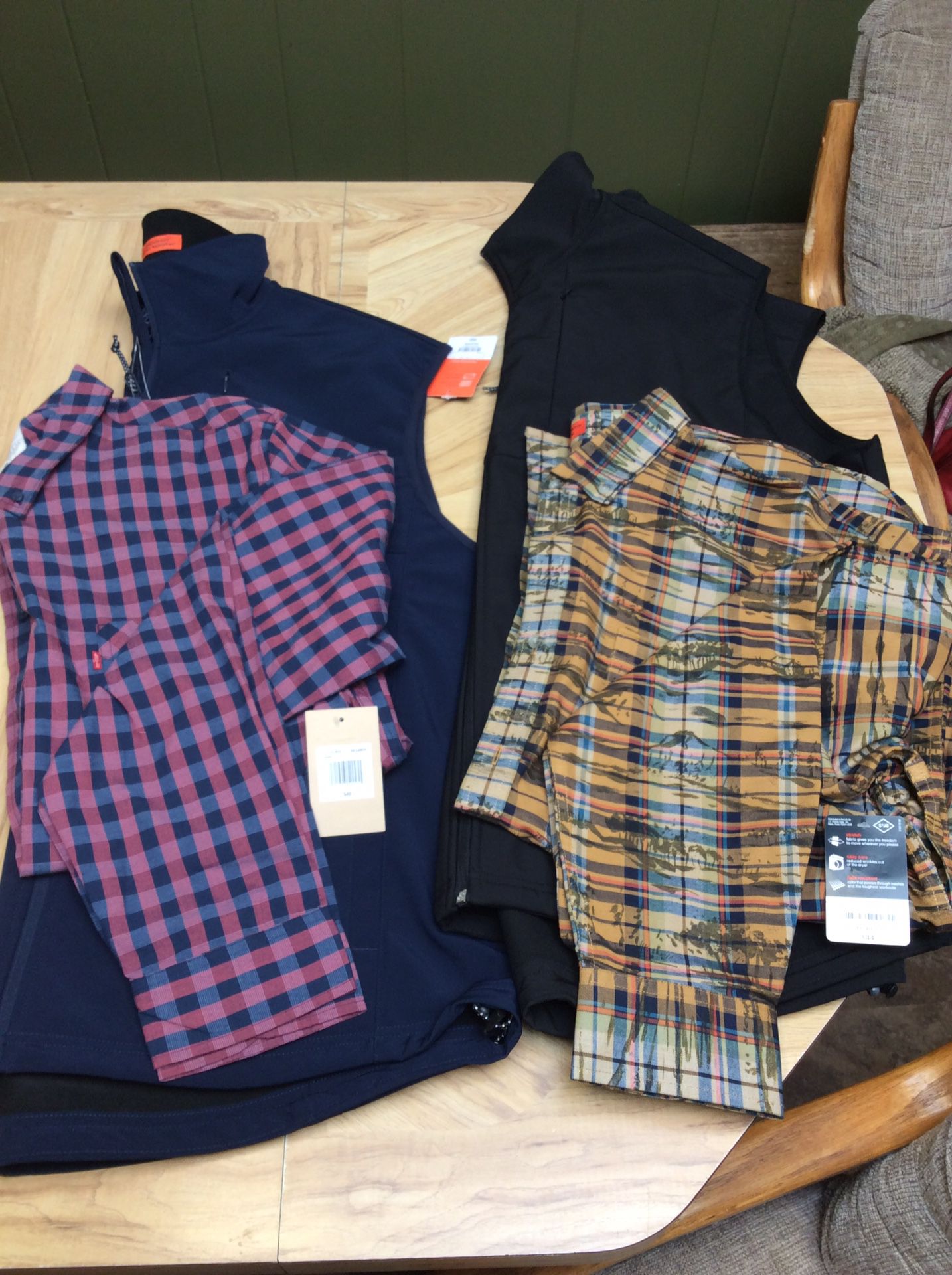 Brand New St. John’s Bay vests and shirts, Levi’s shirt long sleeve $20 each, see description