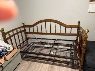 Vintage Oak & Brass Daybed Frame with Pop-Up Trundle – Twin Size