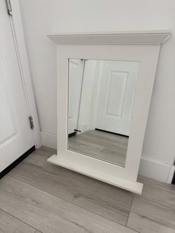White Framed Mirror with Mini Shelf – 25”W x 32”H