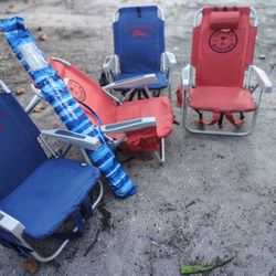 Set of Tommy Bahama beach chairs in red and blue. $150 for all 4 chairs umbrella 