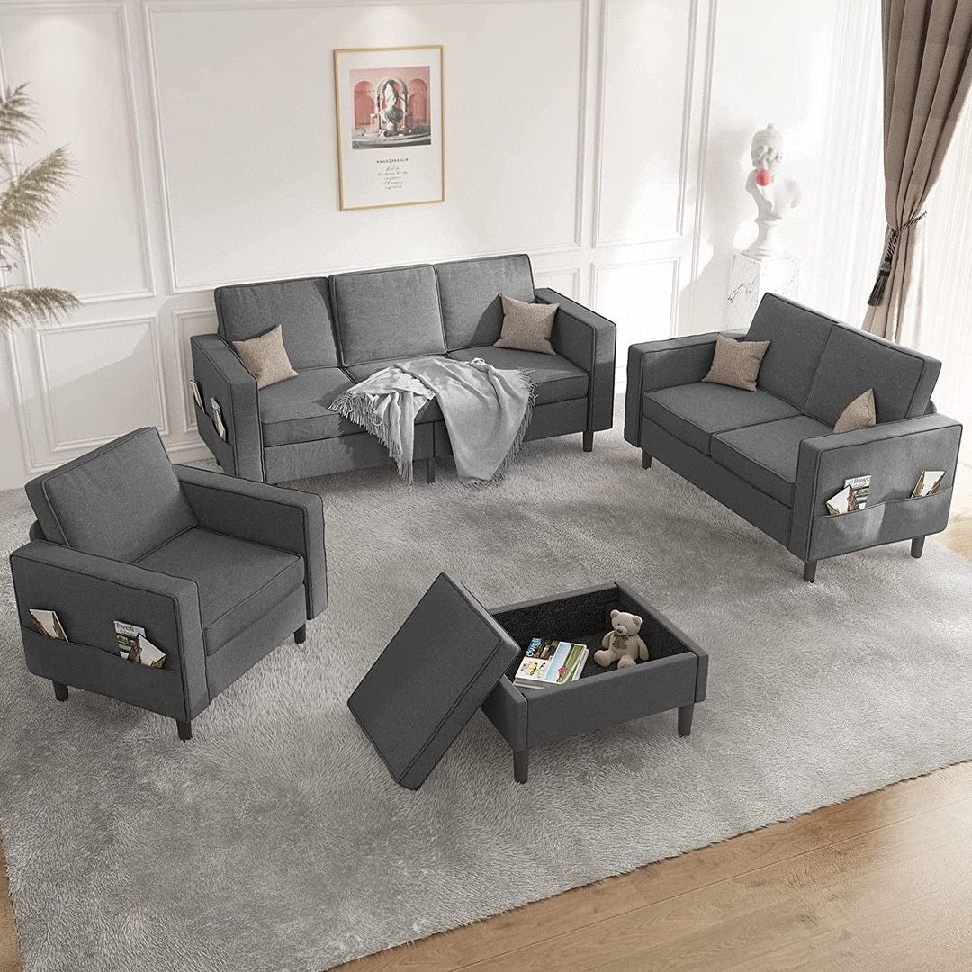 4-piece Convertible Sectional Sofa Couch with Storage Ottoman, Sectional Couches, Couch Set with Storage Pockets