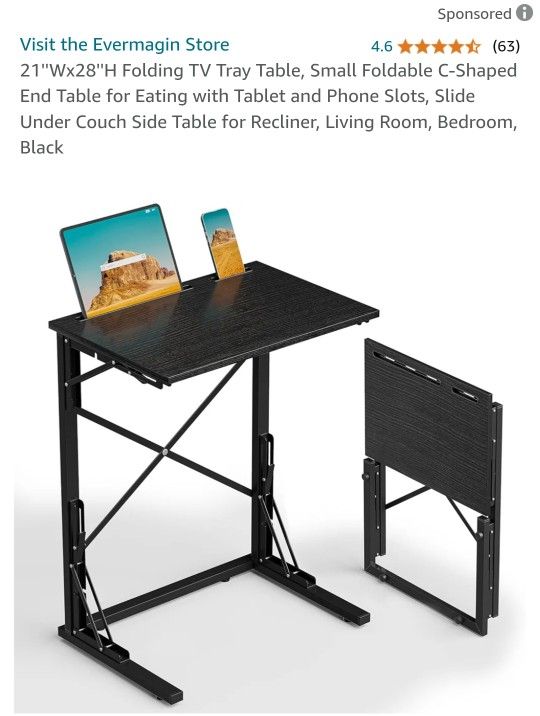 Folding TV Tray Table, Small Foldable C-Shaped End Table for Eating with Tablet and Phone Slots, New