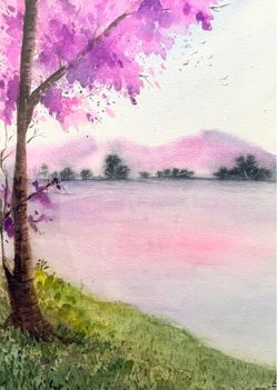 Beautiful Pink Blossom Tree Watercolor Painting (Size: 8x11)