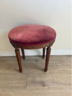 Antique Belgian Vanity Stool – Carved Wood & Red Velvet – Made in Belgium