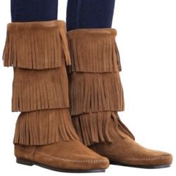 nwot MINNETONKA suede moccasin layered fringe calf high boots Size 6 