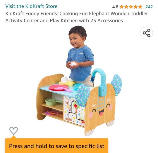 KidKraft Foody Friends: Cooking Fun Elephant Wooden Toddler Activity Center and Play Kitchen with 23 Accessories