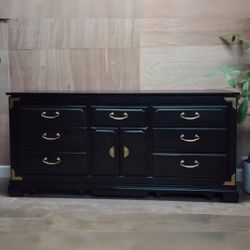 Black Asian Oriental Long Dresser Buffet Credenza