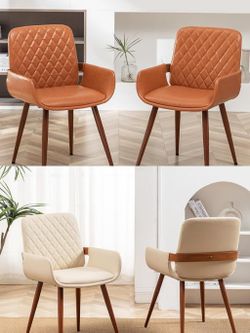 Mid Century Modern Dining Chairs Set of 4,Accent Faux Leather Side Chairs Bentwood Frame with Armrest,Metal Legs Chair,(2 Beige and 2 Orange )