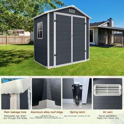 6ft x 4ft Plastic Outdoor Storage with Floor and Lockable Door Plastic Garden Shed for Backyard, Lawn, Cold Grey