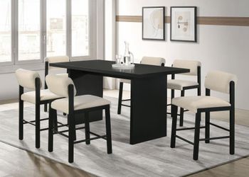 7-Piece Black Counter Height Dining Set with Cream Upholstered Chairs