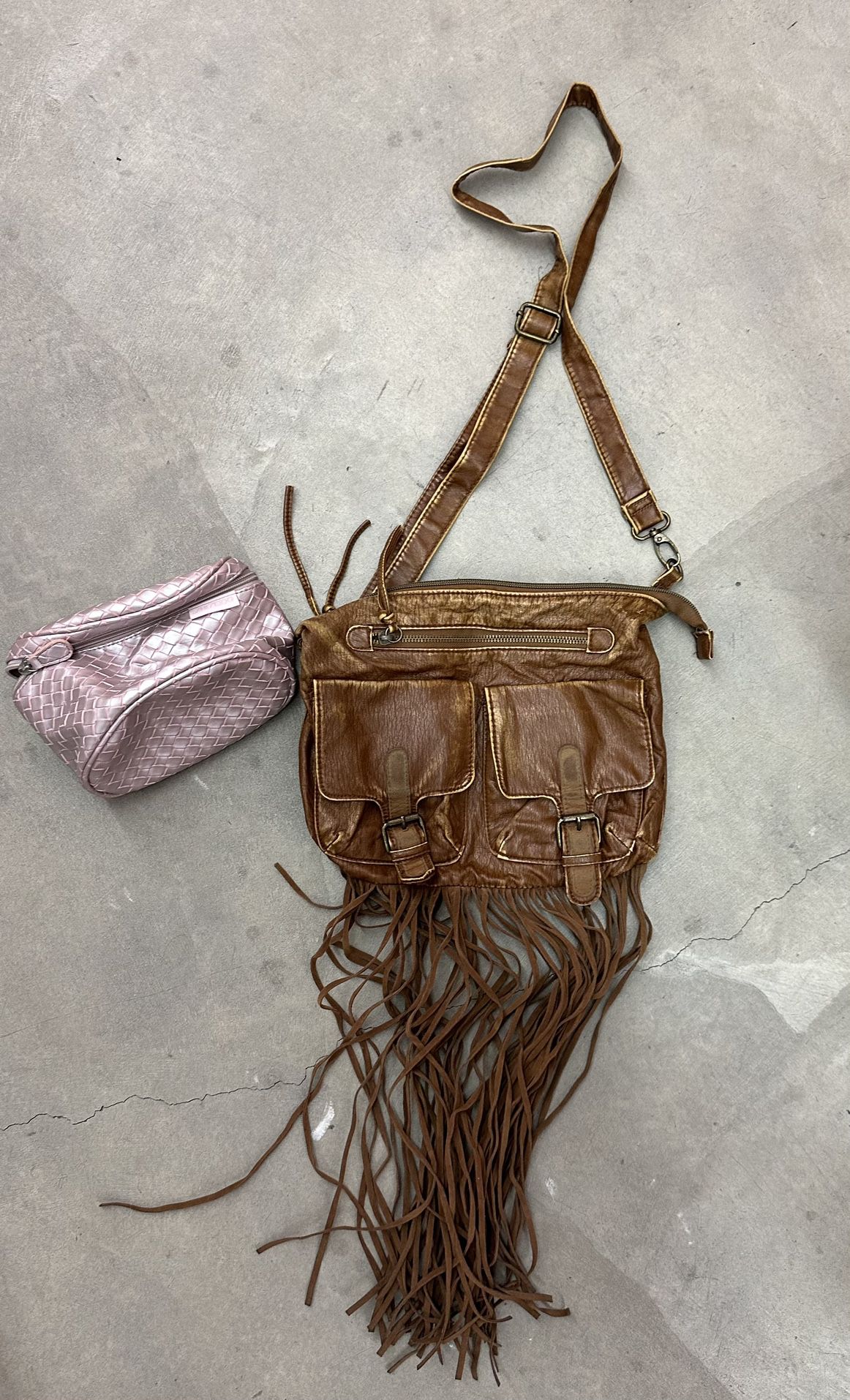 Brown Leather Fringe Purse With Makeup Bag 