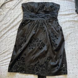Black Strapless Floral Satin Mini Dress