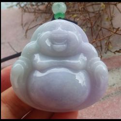 Certificate Jadeite Hand Carved Green Natural Purple Laughing Buddha God 